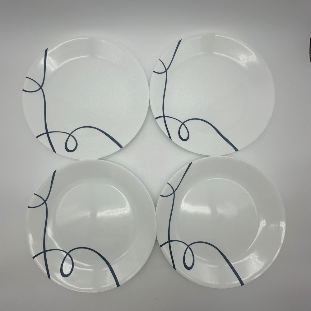 Corelle Lia Dinner Plates Set of 4 White Black Swirl Vitrelle Glass 10 in USA